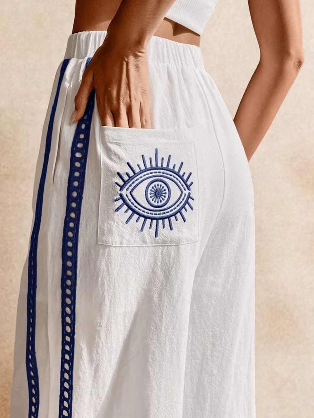 Summer Fashion New Wide-leg Pants for Women with Eye-shaped Pattern Embroidery